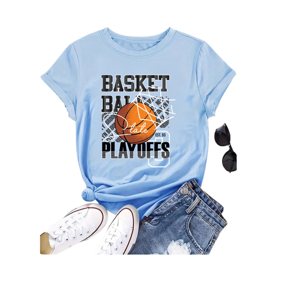 Unisex "Playoffs" T-Shirt – Street Sport Style With Basketball Print And Premium Fabric - 淺藍色 - 查看 1