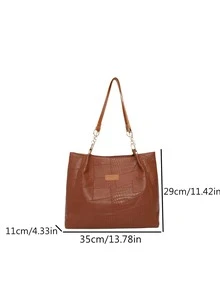 Nuova borsa a tracolla/borsetta casual in pelle PU di grande capacità, borsa a spalla/borsetta da donna di moda in colore unito con cerniera - Castano - Visualizzare 4