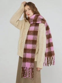 1 Stück Winter Schal, Unisex, braun und rosa kariert, winterwarmer Kragen, verdickter gestrickter dicker Quastenumhang, Winterschal für Frauen, neuer einteiliger Kragen für Herbst und Winter, koreanischer Stil dicker warmer Cape, geeignet für den täglichen Gebrauch