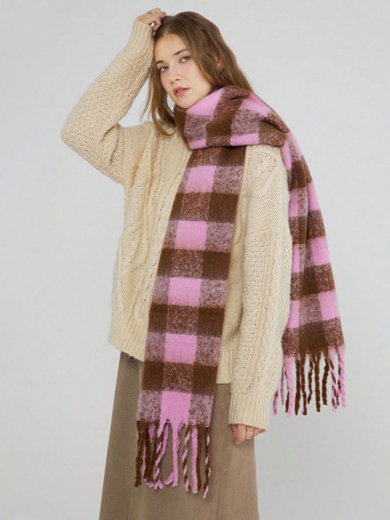 1 件装冬季围巾，男女通用，棕粉色格子，冬季保暖领，加厚针织流苏披肩，女士冬季围巾，新款秋冬季一体式领子，韩式加厚保暖斗篷，适合日常使用 - 圍巾-007 - 查看 1