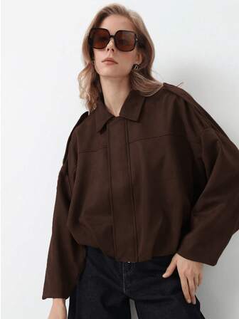 MUMRAP Kadın Günlük Sokak Modası Yakası Açık Ceket Vintage Uzun Kollu Fermuarlı Bol Mont