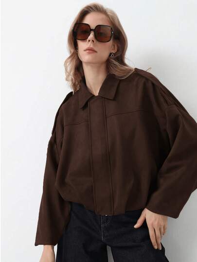 Chaqueta casual de moda callejera para mujer con cuello vuelto, manga larga con cremallera y corte holgado