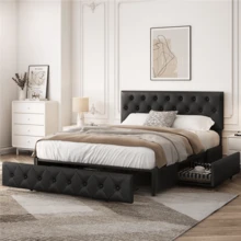 Butterslay 1pc Modern Queen Bed Frame With Storage, Upholstered Platform Bed, Three Drawers, Bedroom Furniture, Black - 黑色 - 查看 1