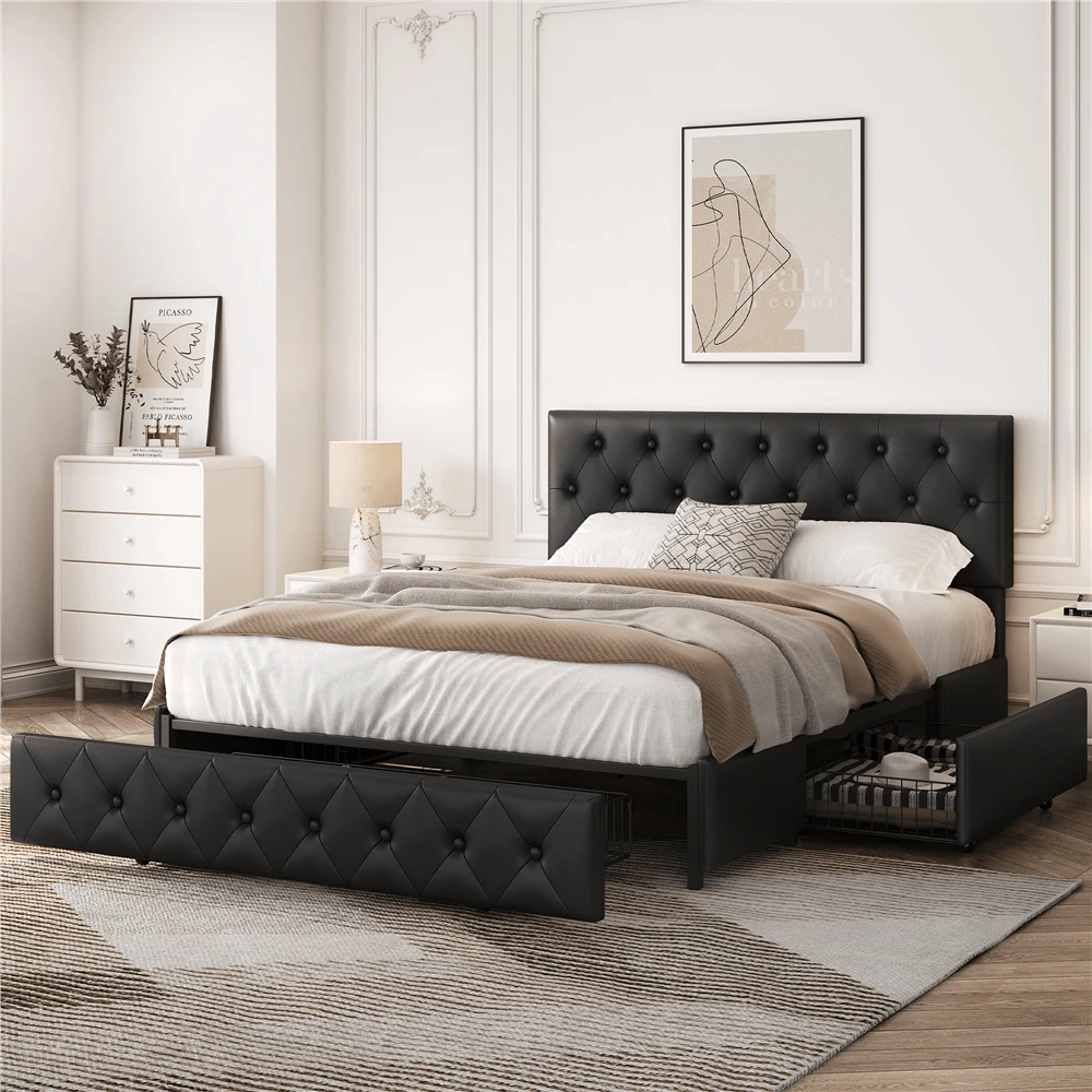 Butterslay 1pc Modern Queen Bed Frame With Storage, Upholstered Platform Bed, Three Drawers, Bedroom Furniture, Black - 黑色 - 查看 1