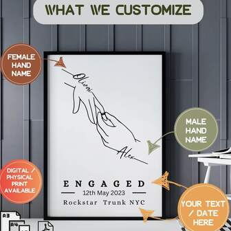 Regalo personalizado de arte de línea de manos de compromiso para tu prometida. Un regalo de arte de línea única para tu novio, esposa o esposo. Impresión en PDF