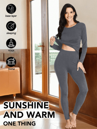 Women's Round Neck Velvet Grey Thermal Lingerie Set Winter Pajama Set For Cold Weather, Outdoor Sports, Cold Protection, Warm Bottom, Home Comfort, Stretch Fabric Pajamas, Autumn And Winter Gifts