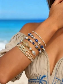 5pcs/Set Elegant Floral Porcelain Faux Pearl Glass Beaded Handmade Adjustable Bracelet Set, Suitable For Daily, Casual Wear, Holiday Gift - Blue - View 4