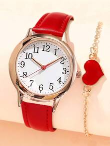 1 件简约时尚合金石英腕表，配真皮表带，女士款 - 紅色 - 查看 5