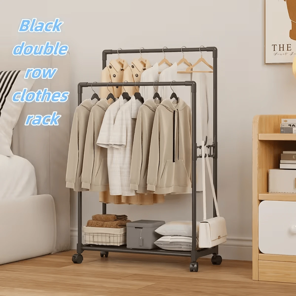 1 Giá treo quần áo thẳng đứng dễ lắp ráp hai hàng (có hoặc không có bánh xe), Giá treo quần áo và mũ độc lập, Tủ giày và mũ đa năng, Giá treo quần áo bằng kim loại chịu lực, Giá lưu trữ tiết kiệm không gian cho gia đình, nhà cho thuê, phòng khách, phòng ngủ, tủ quần áo đi bộ