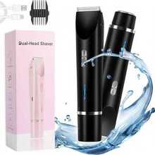 二合一粉色双头比基尼修剪器电动剃须刀，干湿两用，适用于全身脱毛，包括比基尼线、腋下、腿部、手臂、面部，电池续航时间长，可充电，低刺激刀片，符合人体工学的手柄，可调节修剪器，650mAh电池 - 黑色 - 查看 2