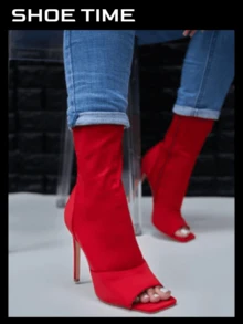 Women Square Peep Open Toe Ankle Booties - Red - View 1