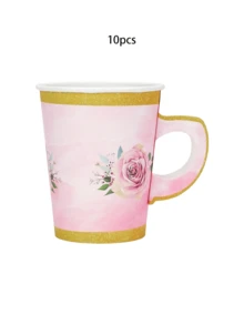 Bộ đồ dùng tiệc trà hoa hồng nhạt 10 món/40 món gồm tách trà hoa có tay cầm, đĩa giấy hoa dùng một lần và bộ đĩa lót hoa cho tiệc ngoài trời, sinh nhật, đám cưới. - Loại A - Xem 8