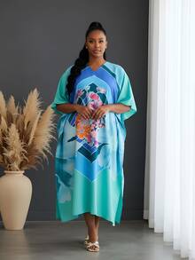 Gypsie Blu Floral Women Plus Size Kaftan Long Dress Beach Coverup Loungewear Housdress - 天藍色 - 查看 7