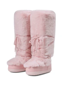 Women's Faux Fur Knee High Boots  Fuzzy Fluffy Furry Snow Boots Round Toe With Lace-Up Design Cute Warm Suitable For Christmas Halloween And Winter - Pink 1 - View 3