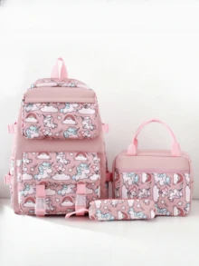 Juego de 3 piezas de mochila con estampado de alto valor: bolso de hombro lindo, bolsa de almuerzo aislada, estuche de papelería, ligero y portátil, adecuado para viajes cortos - Multicolor - Ver 15
