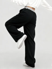 字母印花阔腿裤，高腰撞色设计，女士休闲宽松运动裤，街头风修身裤 - 黑色 - 查看 3