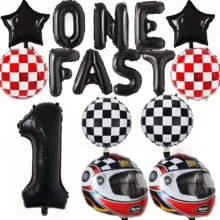 1 Set Of 16" "Speed 1/2/3" Balloons - Black & White Racing Theme Birthday Party Poster, Checkered Flag Pattern, Racing Theme Party Decor, Vintage Race Car Birthday Party, Birthday Party Supplies - Black - View 16