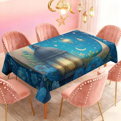 1/20pcs Tablecloth, 100% Polyester Woven, Fashionable & Elegant Design, Blue Floral, Moon, Star & Lantern Patterns, Islamic Art Pattern, Suitable For Home, Kitchen & Dining, Indoor & Outdoor Decor, Islamic Party Supplies, Celebration