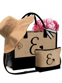 Set de 3 piezas: Bolso de playa con asa de hombro, sombrero de playa y bolsa de cosméticos, personalizable con inicial A-Z, de gran capacidad. Ideal para amantes de la moda que les gustan los artículos personalizados, perfecto para compras, vacaciones en la playa, salidas casuales, agregando un toque de estilo personalizado a tus accesorios. Este bolso de playa también se puede usar como bolsa de lavandería, monedero o estuche de lápices, y es una excelente opción de regalo para días festivos. - Multicolor - Ver 15