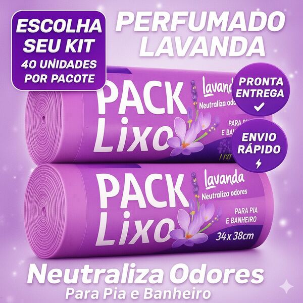 Kit com 80 Sacos | Sacos de Lixo Perfumados Lavanda Para Pia e Banheiro | 34x38cm | Neutraliza Odores