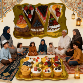 Eid Mubarak Muslim Family Style Disposable Golden Paper Cake Tray Set, Realistic Fruit Cake & Cupcake Decor For Islamic Festival Home Celebration & Table Decoration