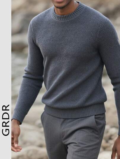 GRDR Vintage 7-Gauge Jacquard Crew Neck Sweater, Warm Thick Casual Long Sleeve Knitted Pullover For Men