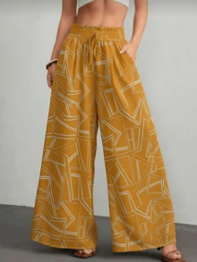 Women's Printed Wide-Leg Pants With Belt For Vacation - Sizes S, M, L - quả cam - Xem 2