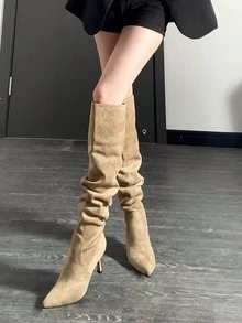 秋冬季法式棕色尖头高跟绒面革长筒靴（女款） - 卡其色 - 查看 2