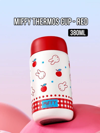 Miffy Thermos Cup 380ML – Red Kawaii Stainless Steel Vacuum Insulated Flask, Double Wall 316L Grade Material for 12H Hot / 24H Cold, Leak-Proof Snap Lid with One-Button Open and Portable Hand Strap, Classic Cartoon Rabbit Birthday, Christmas, Valentine’s Day or Holiday Gift for Miffy Fans