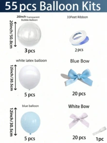 55/108pcs Blue & White Bow Balloon Set, Includes 20" Clear Bubble Balloons, Pink & White Ribbons, And Glue, Essential Party Decorations For Birthday, Anniversary, Wedding, Valentine's Day, Mother's Day - Blue - View 4