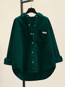大码女式针织宽松开衫，前襟纽扣带口袋，落肩设计 - 墨綠色 - 查看 3