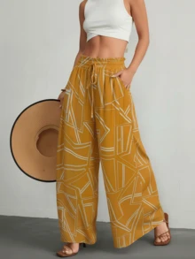 Women's Printed Wide-Leg Pants With Belt For Vacation - Sizes S, M, L - quả cam - Xem 1