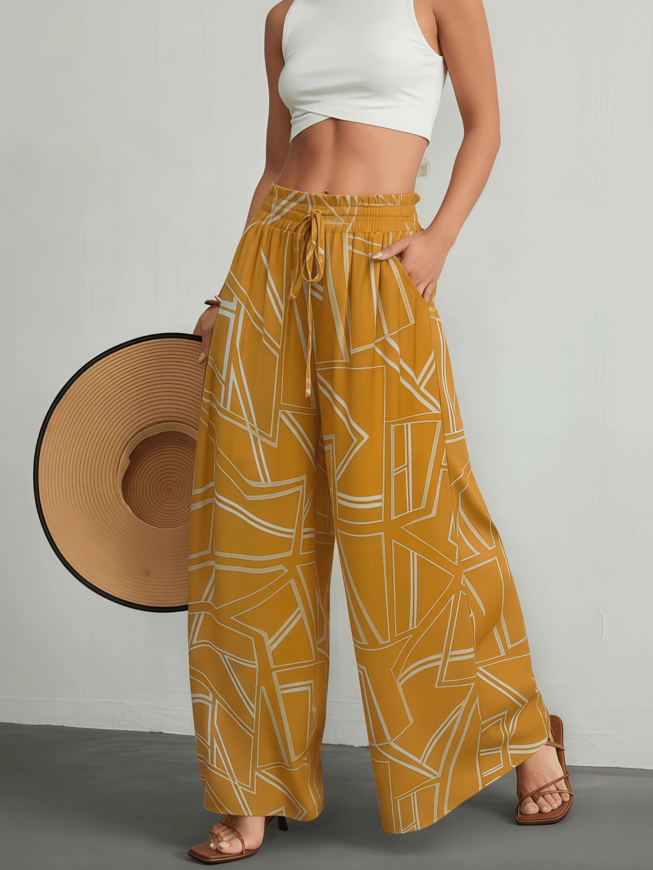 Women's Printed Wide-Leg Pants With Belt For Vacation - Sizes S, M, L - quả cam - Xem 1