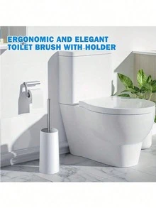 1set Modern Toilet Brush And Holder Set With 304 Stainless Steel Handle-Featuring Ergonomic Stiff Bristles, Black/White Bathroom Cleaning Tools, Easy-Clean Design, Suitable For Household Essentials And Housewarming Gifts. - Multicolor - View 1