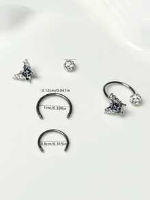 1 件时尚不锈钢 C 形穿孔唇鼻环，花卉、星星、猫形唇环首饰，适合日常佩戴 - 銀色 - 查看 5