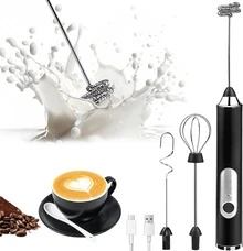 Multifunctional Rechargeable Handheld Milk Frother With Detachable 3 Whisk Heads | 3 Speeds Electric Coffee Mixer, Detachable Stainless Steel Whisk For Latte, Cappuccino, Matcha, Eggs (Black) - 黑色 - 查看 2