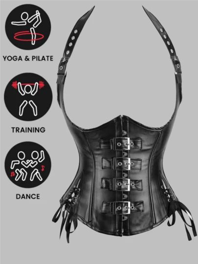 1pc Halloween/Christmas Party Sexy Black Top With Adjustable PU Waist Belt, Slimming And Lifting, Suitable For Holiday Parties