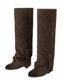 Faux Suede Knee High Boots For Women Round Toe Chunky Heels Fold-Over Adjustable  Buckle Long Boots Side Zipper Women's Party Cowboy Boots  - Màu nâu Sô-cô-la - Xem 2