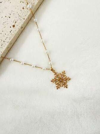 1件圣诞女士吊坠项链，时尚简约优雅，仿珍珠链搭配闪亮水钻雪花吊坠，适合日常、休闲、节日庆典等场合，精致独特的礼品配饰。