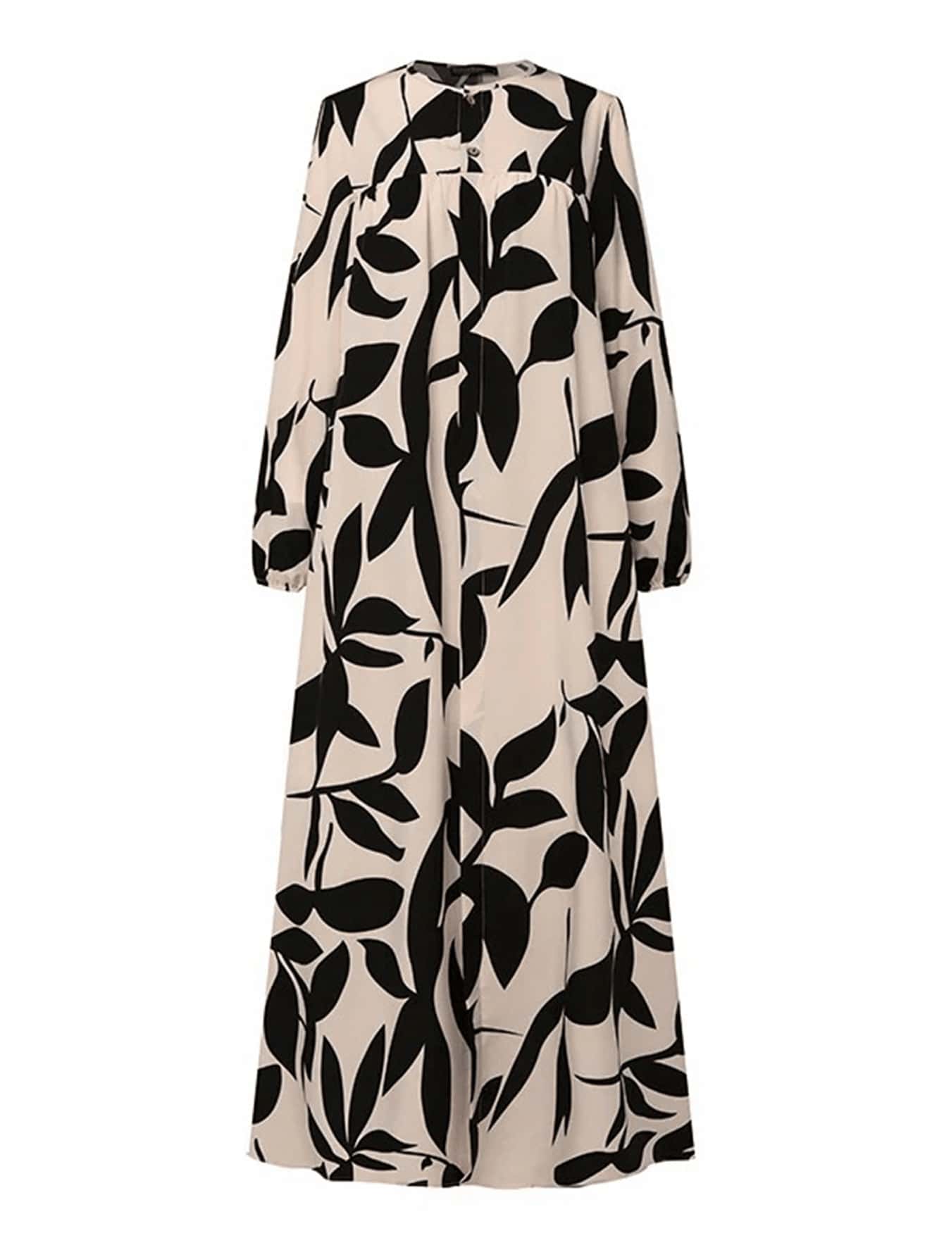 Vestido largo holgado estilo árabe con estampado de plantas y mangas farol para mujer, modesto tipo kaftan - Multicolor - Ver 1