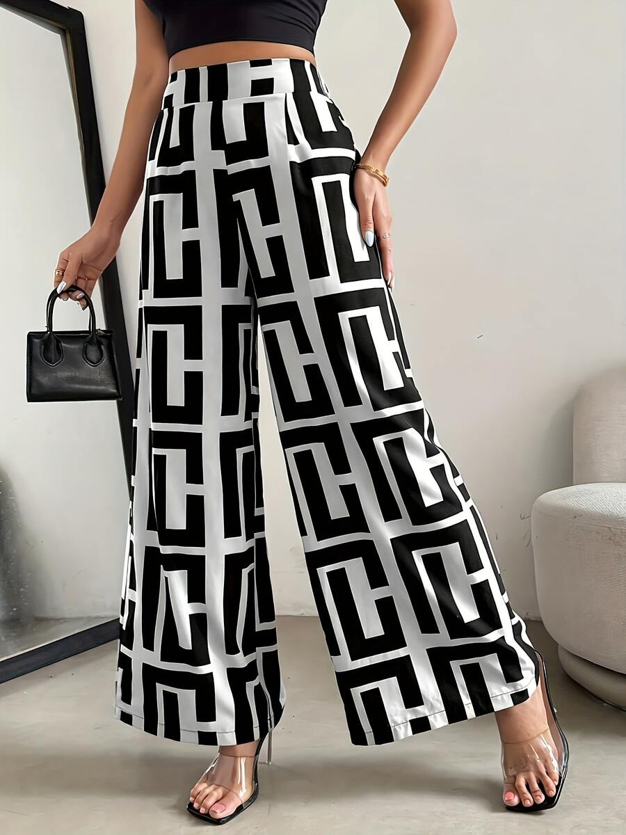 Casual And Comfortable Wide-Leg Pants, Printed Long Pants, Vacation And Casual Women's Clothing Spring - Black and White - View 1