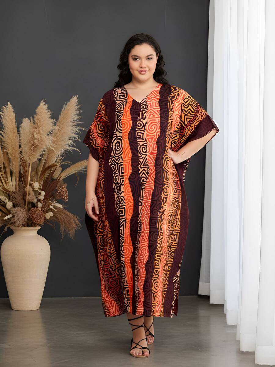 Gypsie Blu Geometric Plus Size Elegant Long Kaftan Moo Moos Beach Cover Up Caftan Dress - 彩色 - 查看 1
