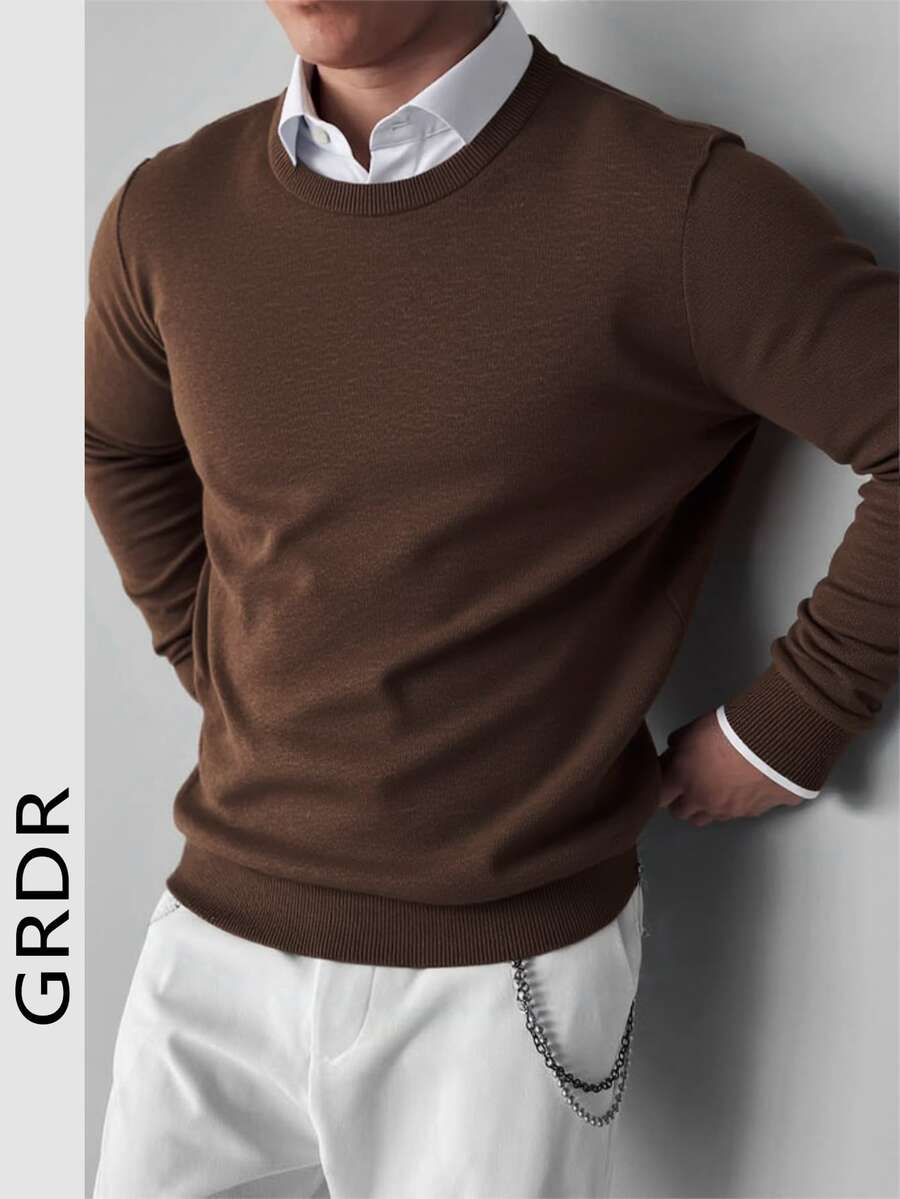 GRDR Men's Casual Solid Color Crew Neck Sweater - Brown - View 1