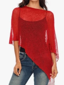 Women Sheer Poncho Top Lightweight Knit Crochet Shrug Bolero Mesh Batwing Sleeve Sweater Cover Up Beachwear - 紅色 - 查看 2