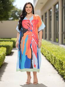 Gypsie Blu Abstract Plus Size Women Kaftan Dress Long Caftan Maxi Dress Beach Coverup Outfit - 橙色和藍色 - 查看 8