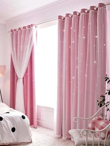 1pc Hollow Star Blackout Curtain, Double Layer Thermal Insulated Curtain For Bedroom, Lace Curtain Romantic Princess UV Protection - Pink - View 1
