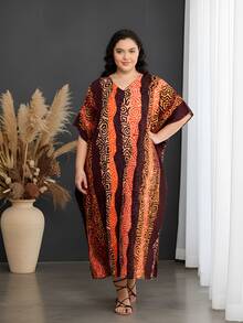 Gypsie Blu Geometric Plus Size Elegant Long Kaftan  Moo Moos Beach Cover Up Caftan Dress - 彩色 - 查看 7