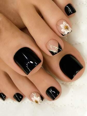 24pcs Short Square Toe Nail Tips, Black French Gold Line Floral Cute Chrome Alloy Acrylic Press-On Nail Set (Includes: 1pc Jelly Gel And 1pc Nail File), Suitable For Women Daily, Date, Party Wear