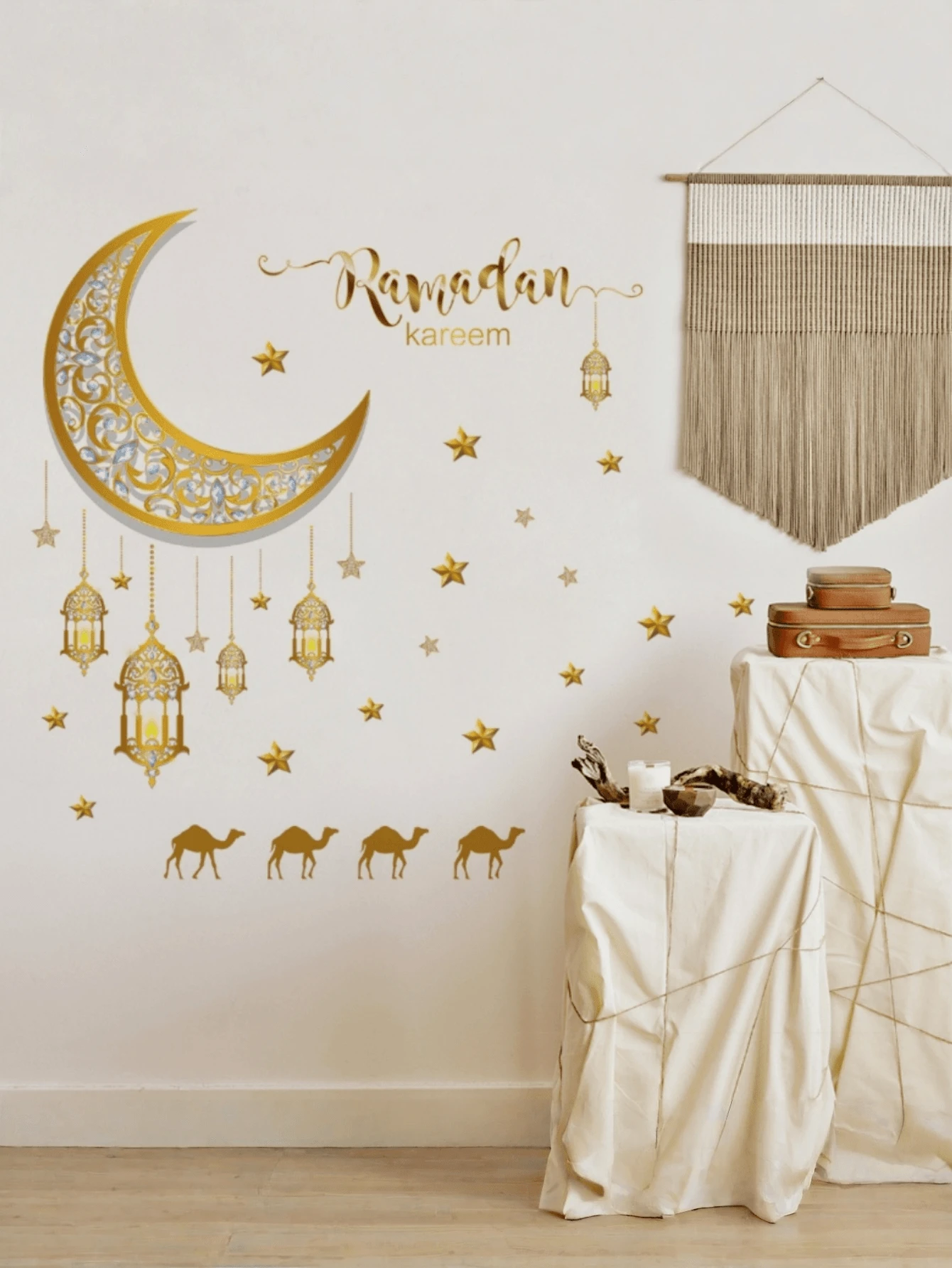 33 Stücke Ramadan Wandaufkleber Set, Ramadan Stern Laterne Fensteraufkleber, Islamische Ramadan Wandtattoos für Eid Mubarak Heim- und Schlafzimmerdekoration - Gold - Übersicht 1
