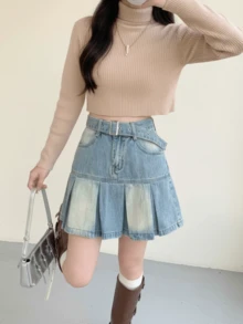 YEAE | YKK 复古蓝色高腰褶皱A字裙 - 淺色水洗藍 - 查看 5